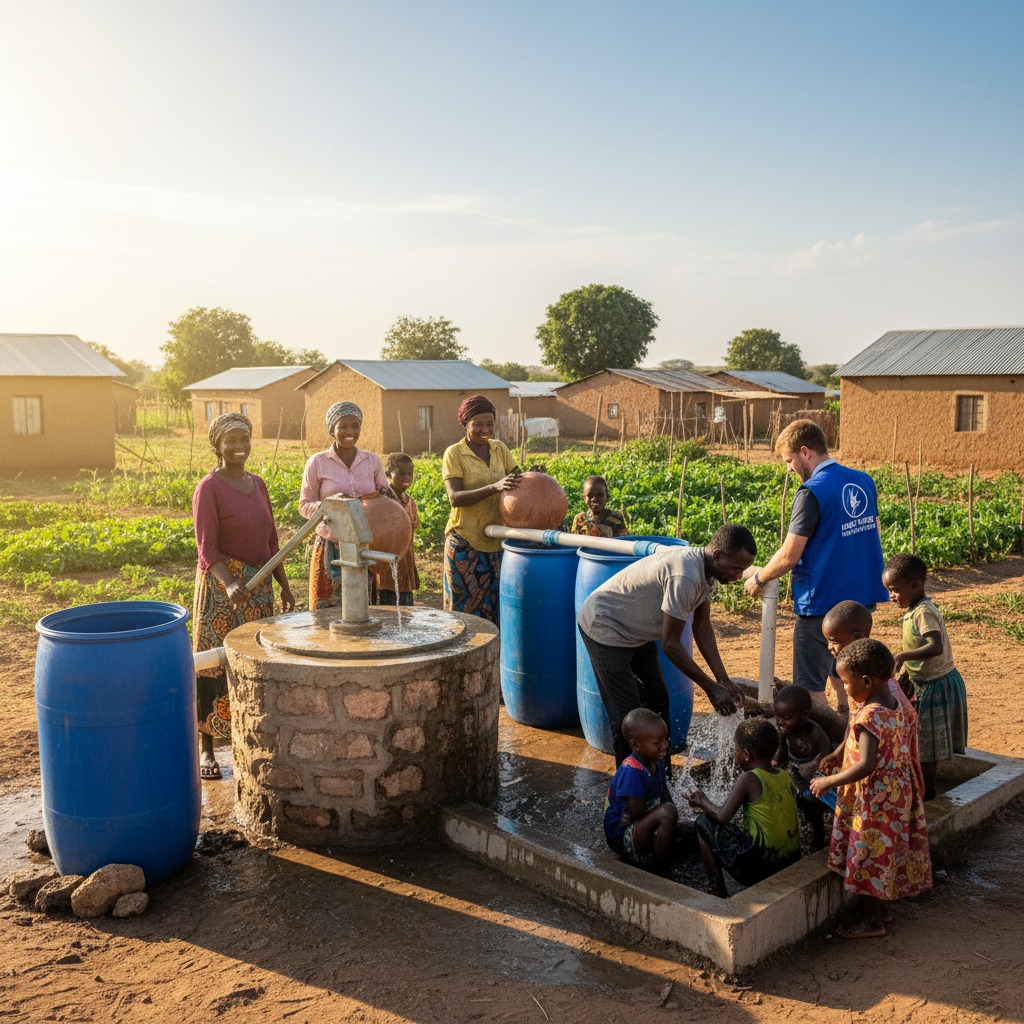 A humanitarian worker assists local community members and children as they gather water from a communal pump and storage barrels in a rural village.